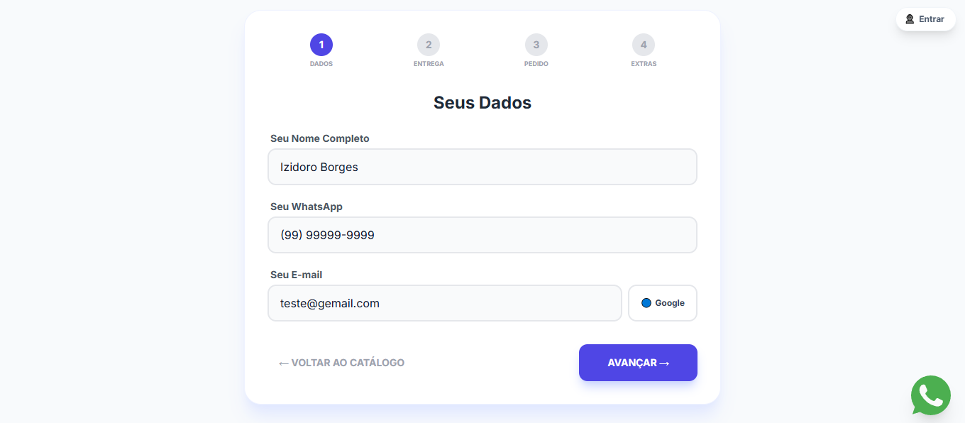 Tela de personalização de pedido